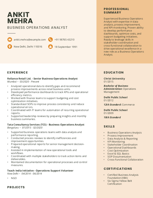 Business Operations Analyst Resume format in Word | Free Download