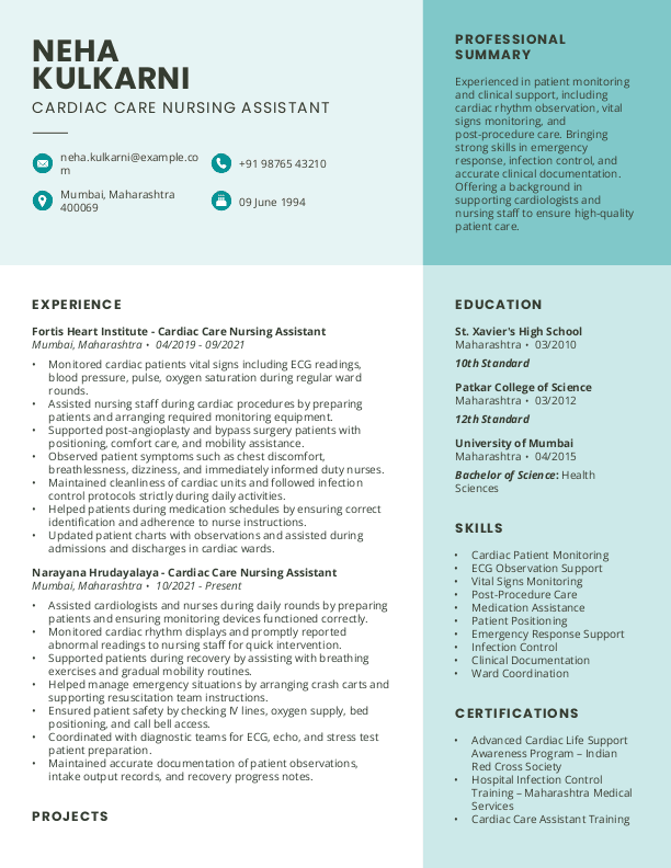 Cardiac Care Nursing Assistant Resume format in Word - Free Download