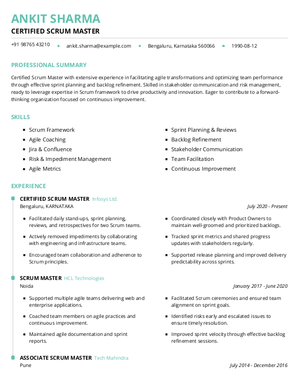Certified Scrum Master Resume format in Word | Free Download