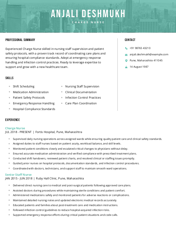 Charge Nurse Resume format in Word | Free Download