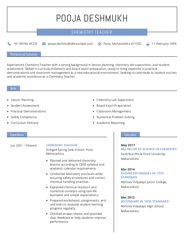 Chemistry Teacher Resume format in Word | Free Download