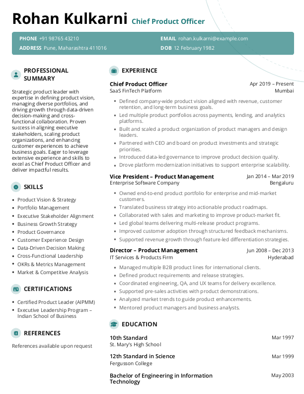 Chief Product Officer Resume format in Word - Free Download