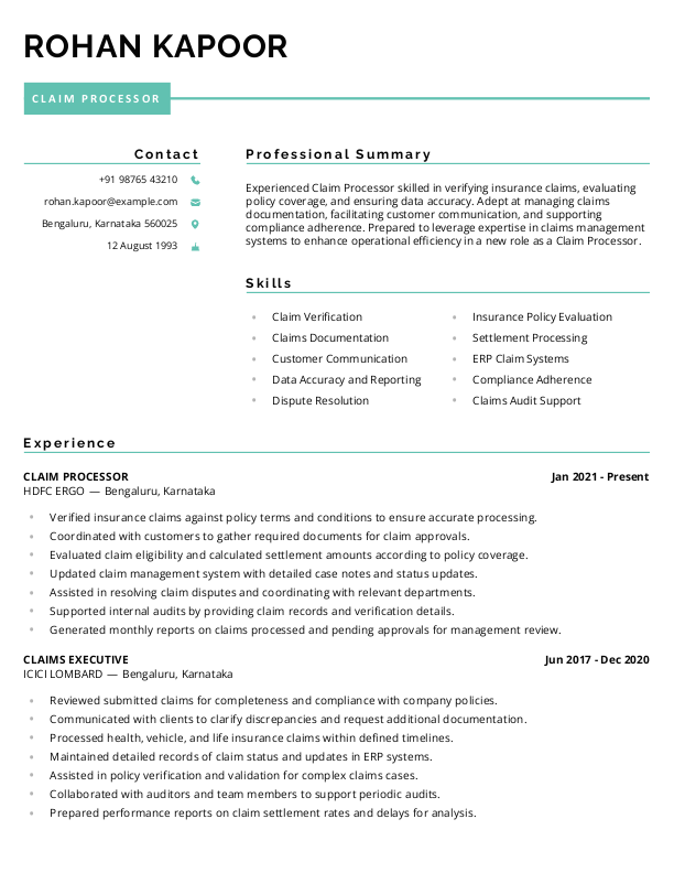 Claim Processor Resume format in Word - Free Download