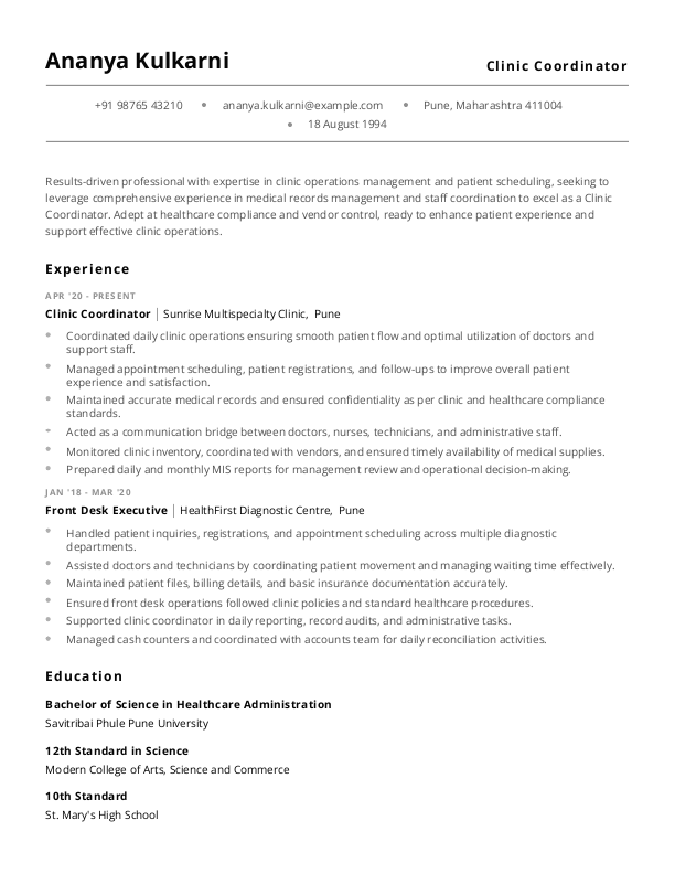 Clinic Coordinator Resume format in Word - Free Download