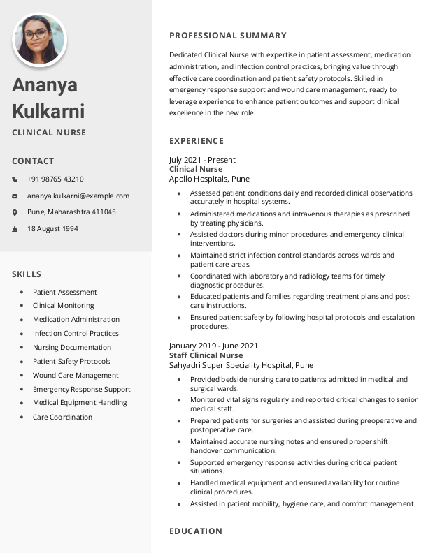 Clinical Nurse Resume format in Word | Free Download