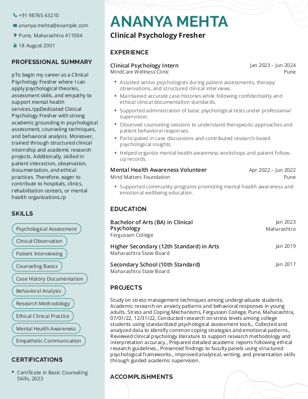 Clinical Psychology Fresher Resume format in Word - Free Download