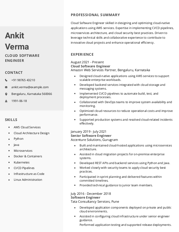 Cloud Software Engineer Resume format in Word | Free Download