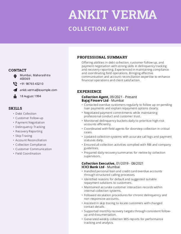 Collection Agent Resume format in Word - Free Download