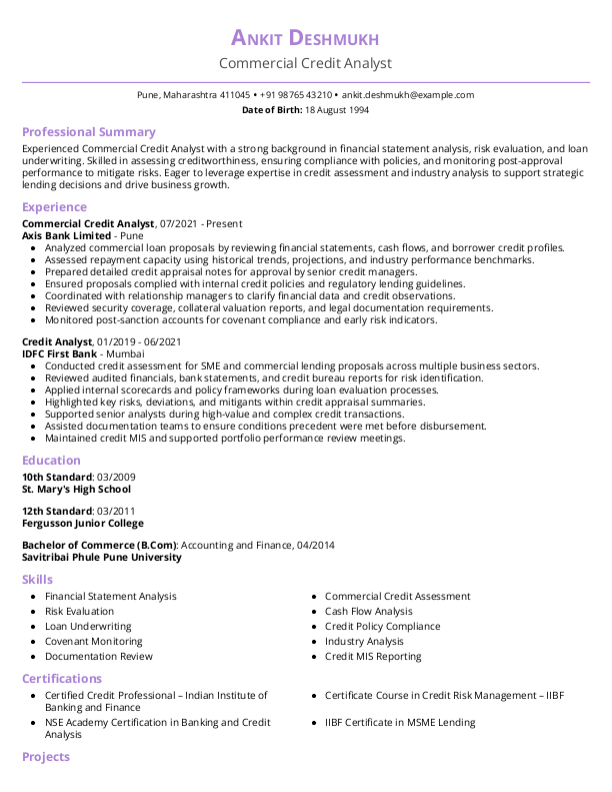 Commercial Credit Analyst Resume format in Word - Free Download