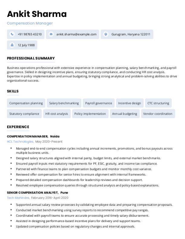 Compensation Manager Resume format in Word | Free Download