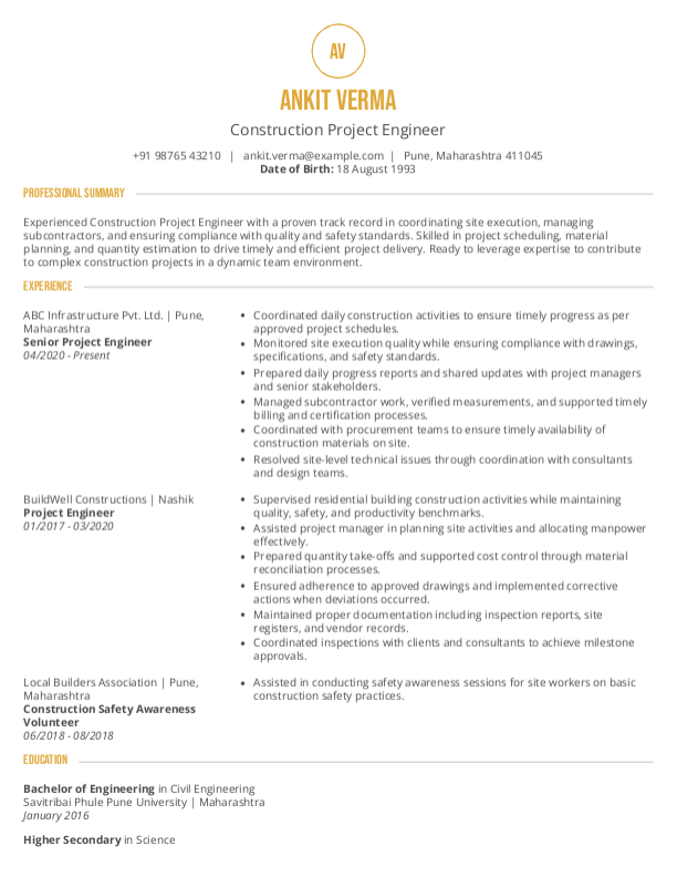 Construction Project Engineer Resume format in Word - Free Download