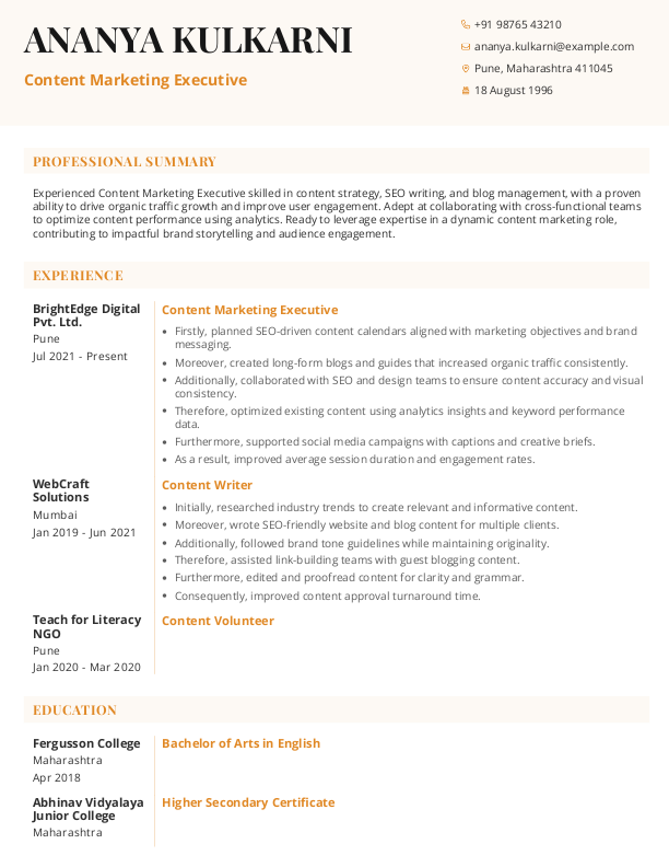 Content Marketing Executive Resume format in Word - Free Download
