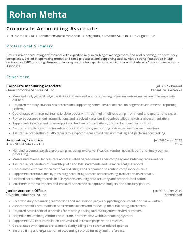 Corporate Accounting Associate Resume format in Word - Free Download