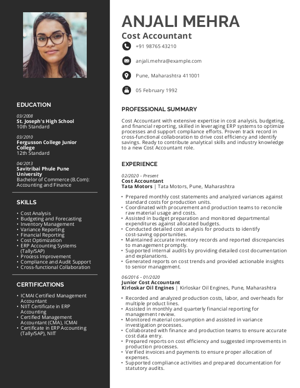 Cost Accountant Resume format in Word - Free Download