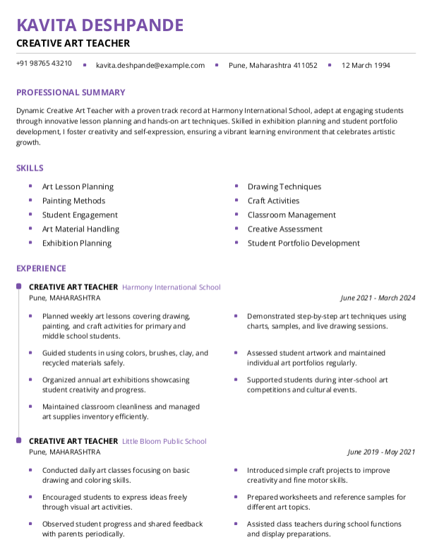 Creative Art Teacher Resume format in Word - Free Download