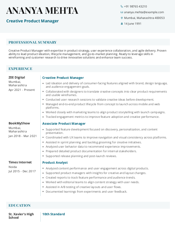 Creative Product Manager Resume format in Word - Free Download