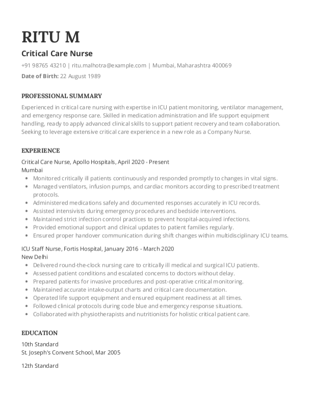 Critical Care Nurse Resume format in Word | Free Download