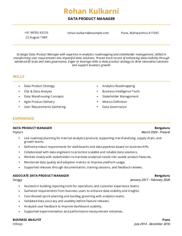 Data Product Manager Resume format in Word - Free Download