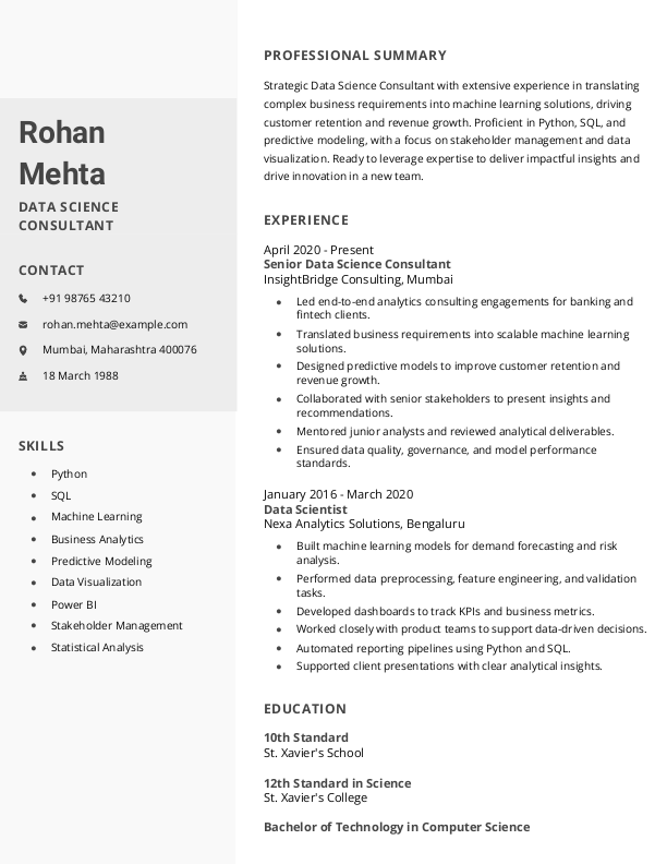 Data Science Consultant Resume format in Word - Free Download