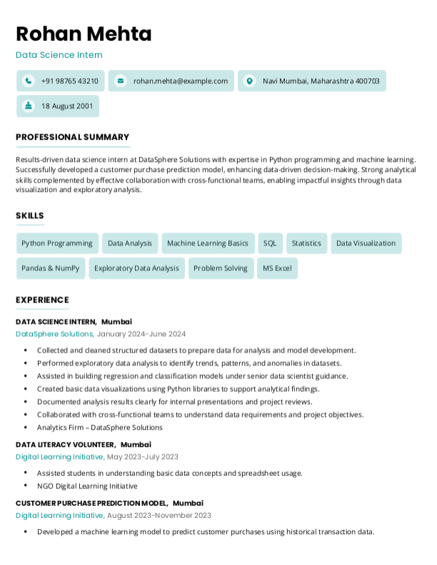 Data Science Intern Resume format in Word - Free Download