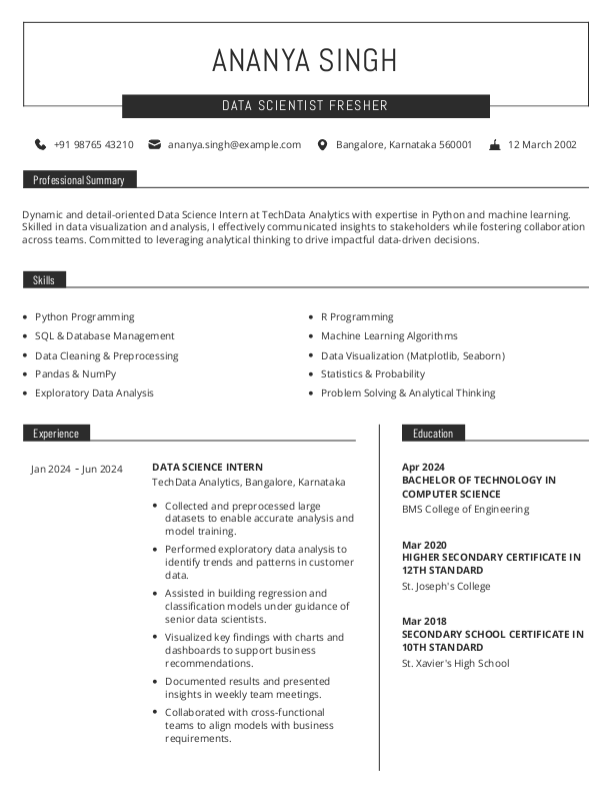 Data Scientist Fresher Resume format in Word - Free Download