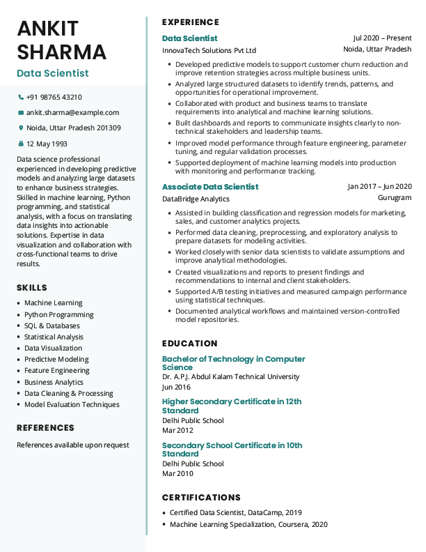 Data Scientist Resume format in Word | Free Download