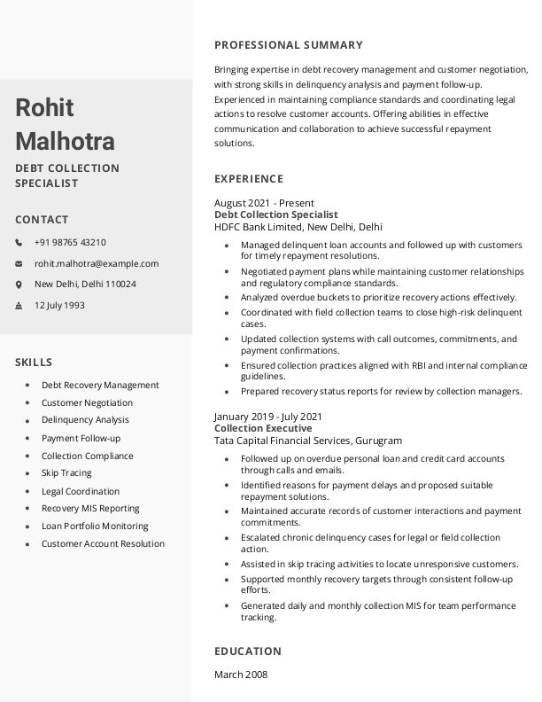 Debt Collection Specialist Resume format in Word - Free Download
