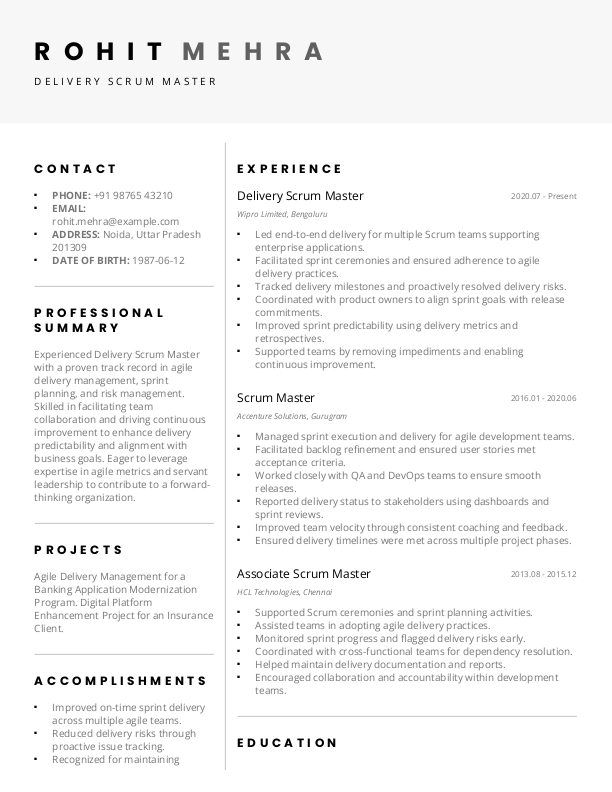 Delivery Scrum Master Resume format in Word - Free Download