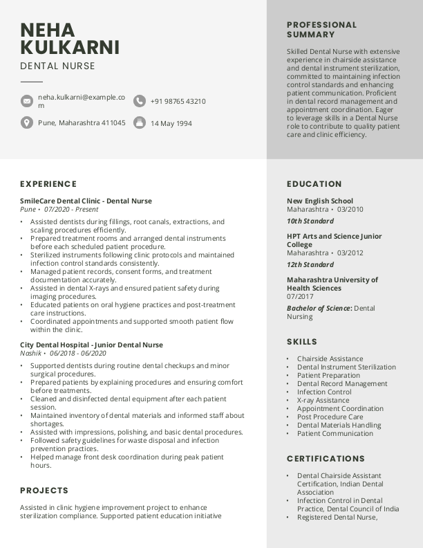 Dental Nurse Resume format in Word | Free Download