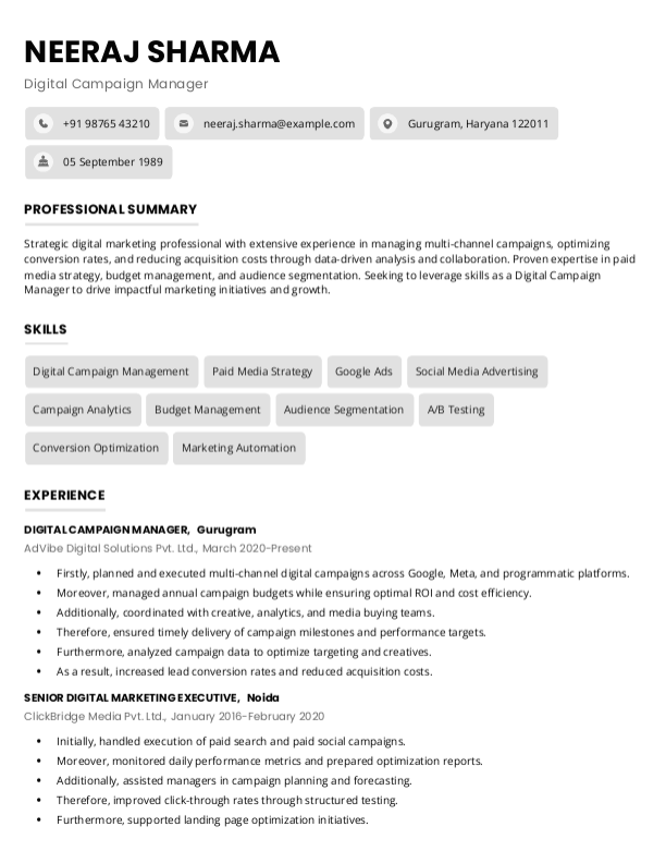 Digital Campaign Manager Resume format in Word - Free Download
