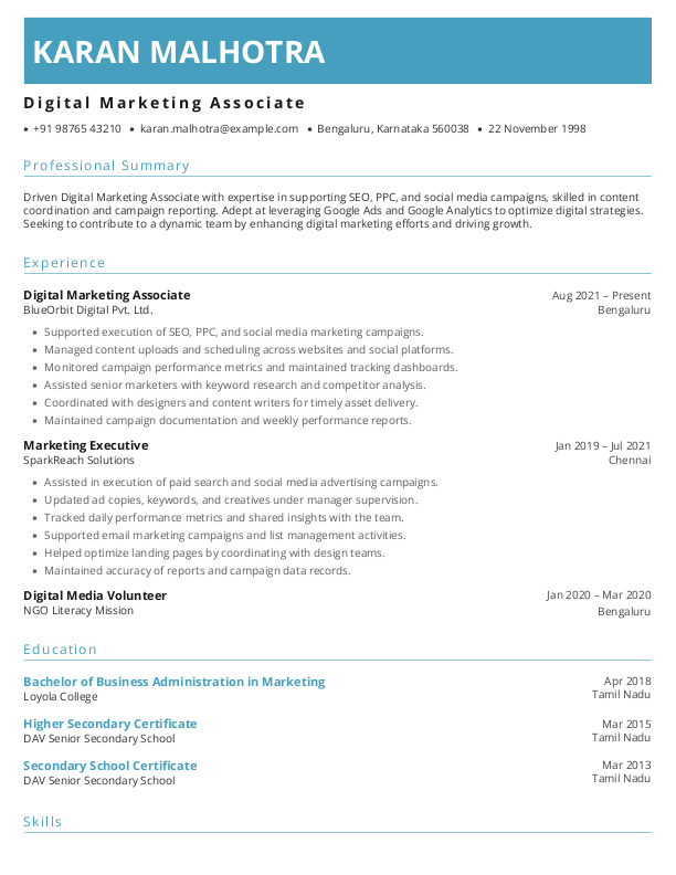 Digital Marketing Associate Resume format in Word - Free Download