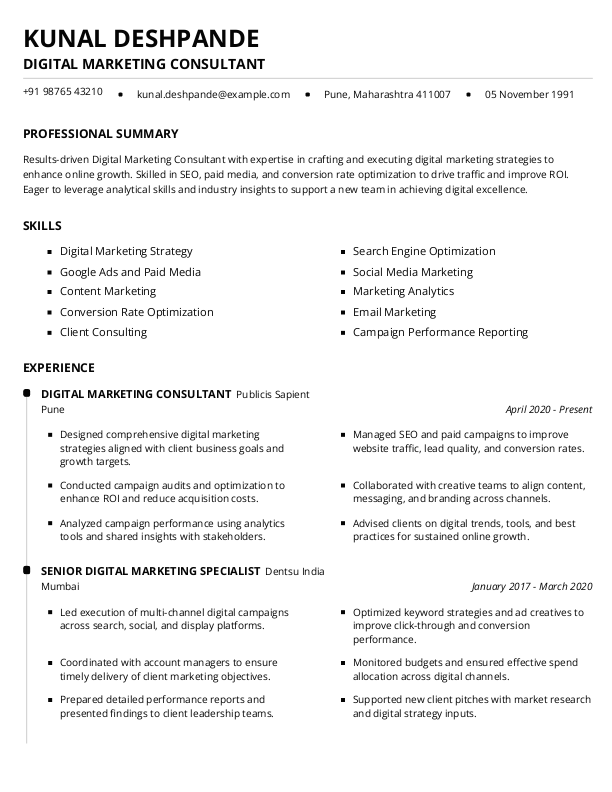 Digital Marketing Consultant Resume format in Word - Free Download