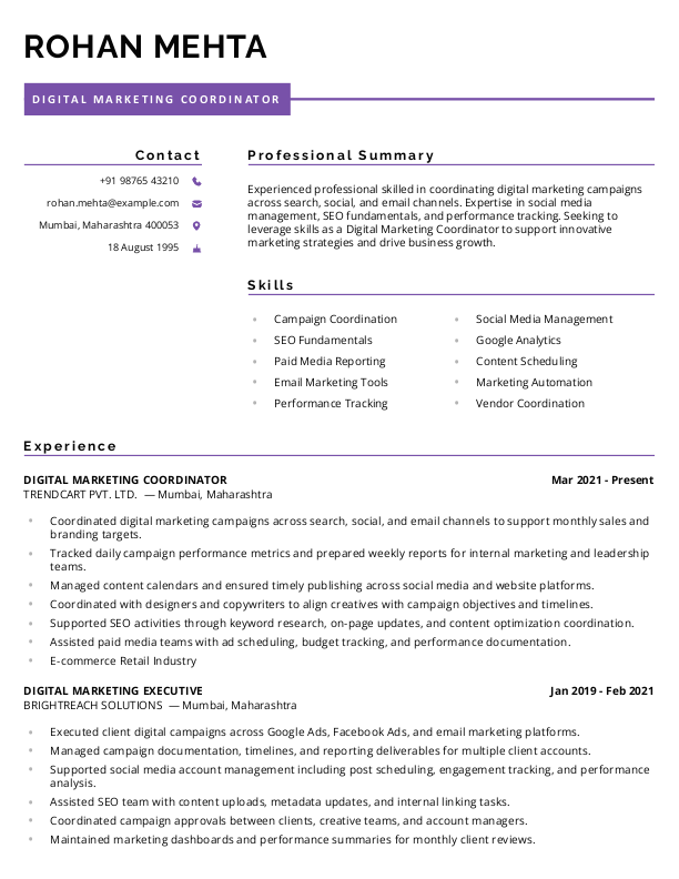 Digital Marketing Coordinator Resume format in Word - Free Download