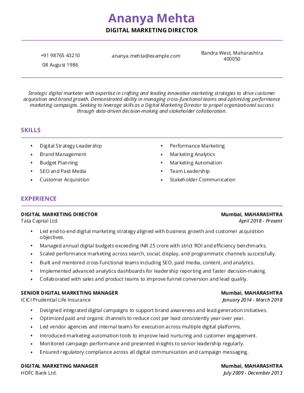 Digital Marketing Director Resume format in Word | Free Download