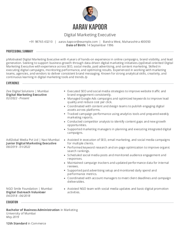 Digital Marketing Executive Resume format in Word - Free Download