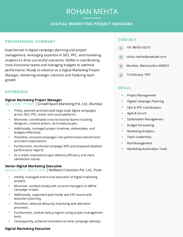 Digital Marketing Project Manager Resume format in Word - Free Download