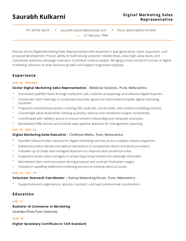 Digital Marketing Sales Representative Resume format in Word - Free Download