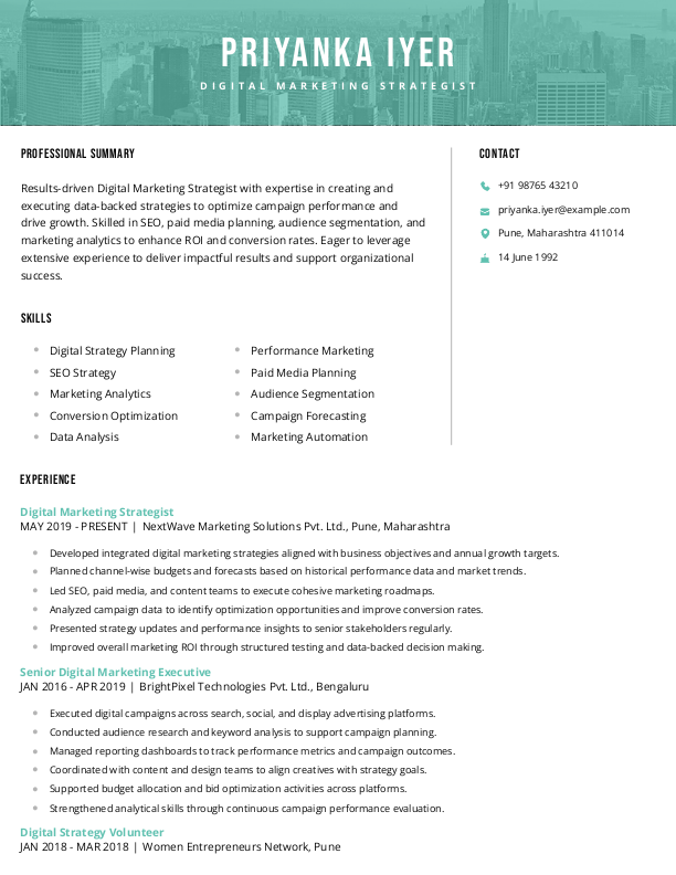 Digital Marketing Strategist Resume format in Word - Free Download