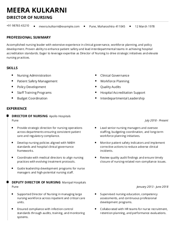 Director of Nursing Resume format in Word | Free Download