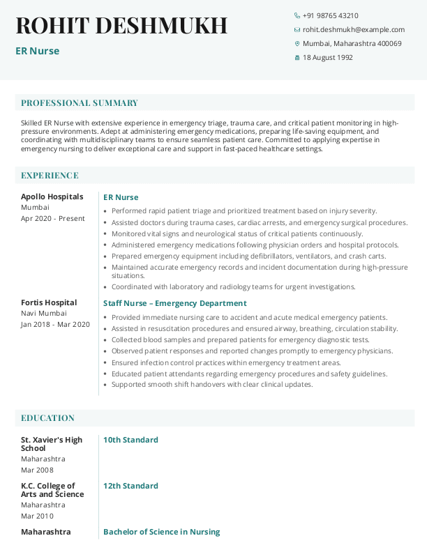 ER Nurse Resume format in Word - Free Download
