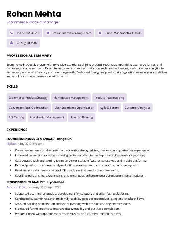 Ecommerce Product Manager Resume format in Word - Free Download