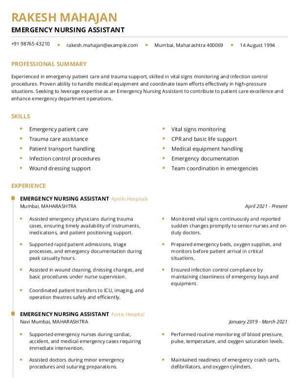 Emergency Nursing Assistant Resume format in Word - Free Download
