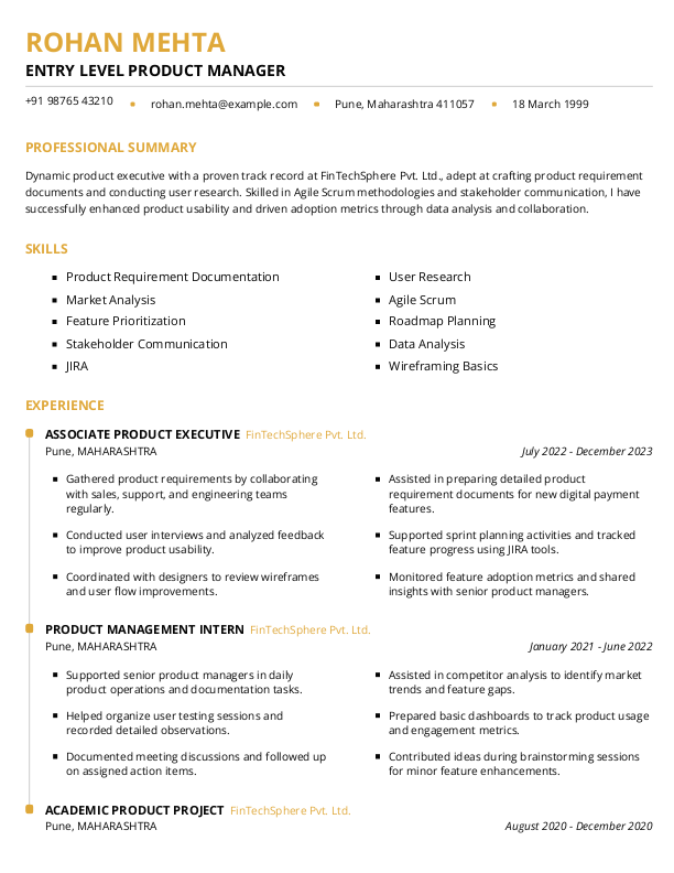 Entry Level Product Manager Resume format in Word - Free Download