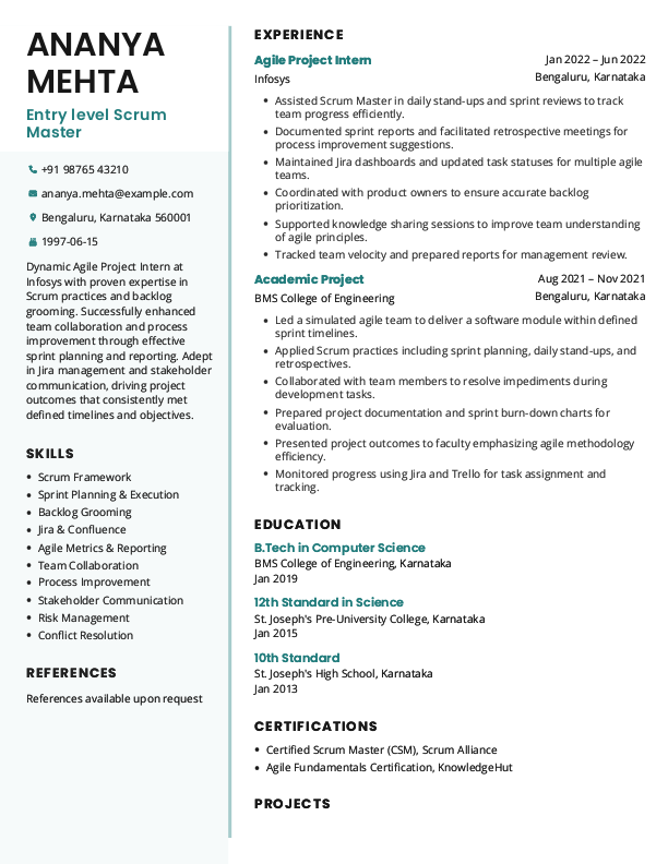 Entry level Scrum Master Resume format in Word - Free Download