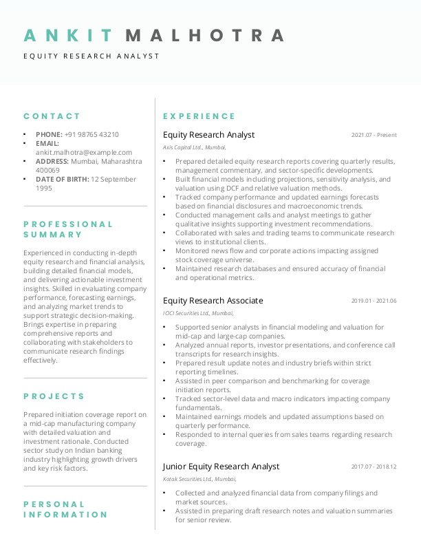 Equity Research Analyst Resume format in Word - Free Download