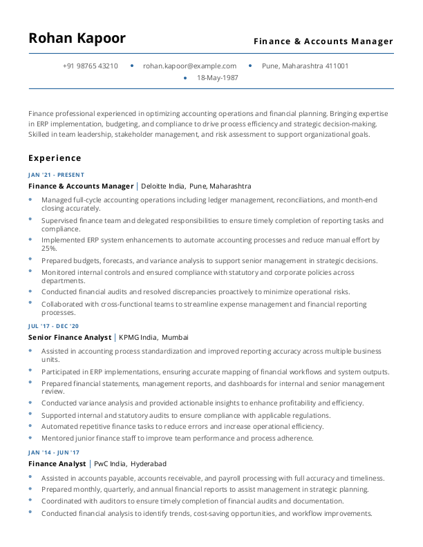 Finance & Accounts Manager Resume format in Word - Free Download