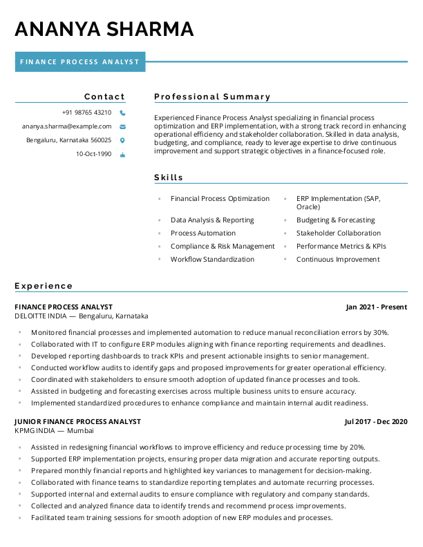 Finance Process Analyst Resume format in Word - Free Download