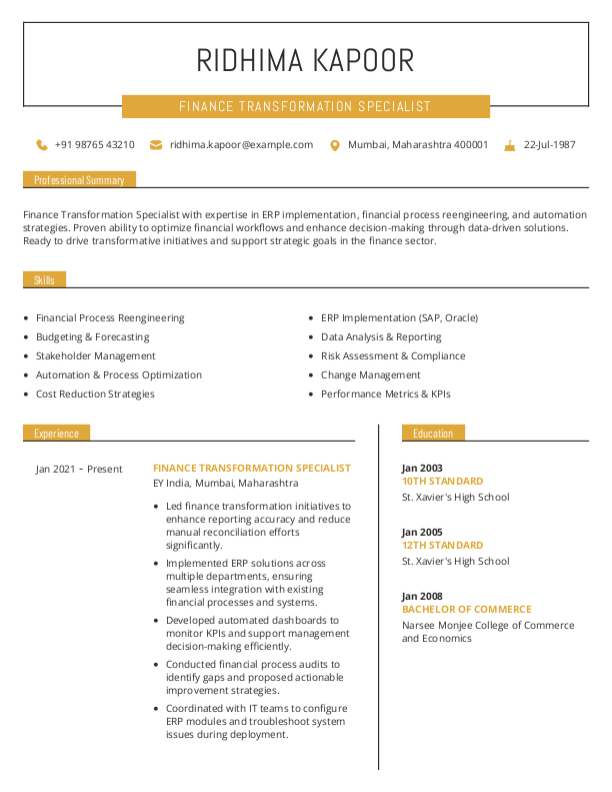 Finance Transformation Specialist Resume format in Word - Free Download
