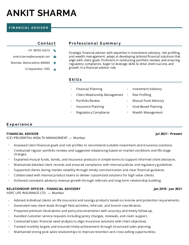 Financial Advisor Resume format in Word - Free Download