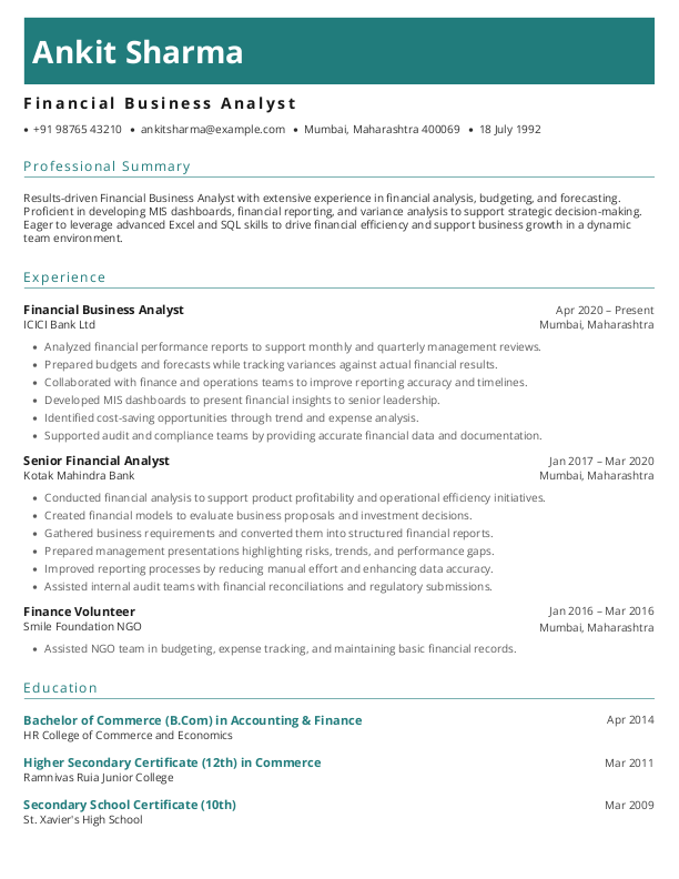Financial Business Analyst Resume format in Word - Free Download